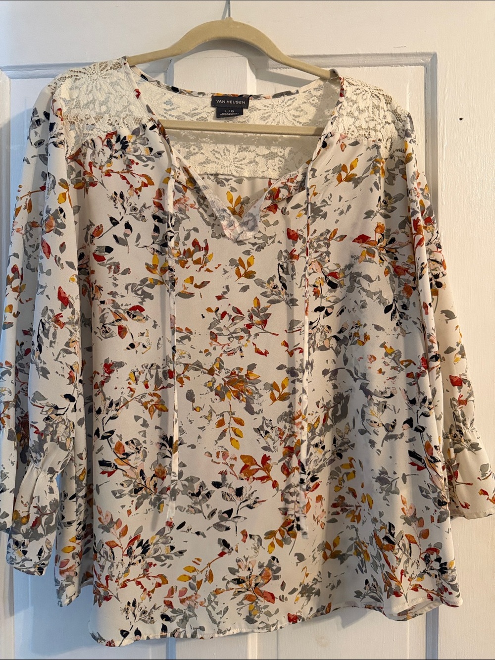 Van Heusen Cream Floral Lace-Trim Peasant Blouse
